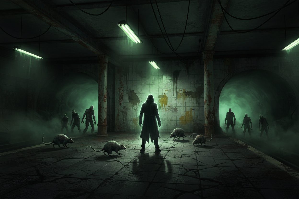 A cracked Paris metro platform at night under green fluorescent tubes, rats and zombies emerging from both tunnel mouths